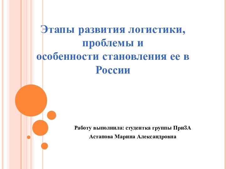 Работу выполнила: студентка группы При3А Астапова Марина АлександровнаЭтапы развития логистики, проблемы и