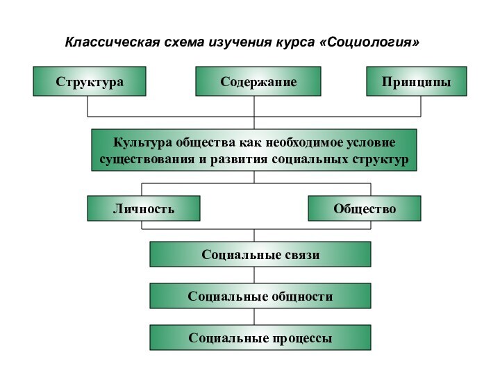 Классическая схема изучения курса «Социология»СтруктураСодержаниеПринципыКультура общества как необходимое условиесуществования и развития социальных структурЛичностьОбществоСоциальные связиСоциальные общностиСоциальные процессы