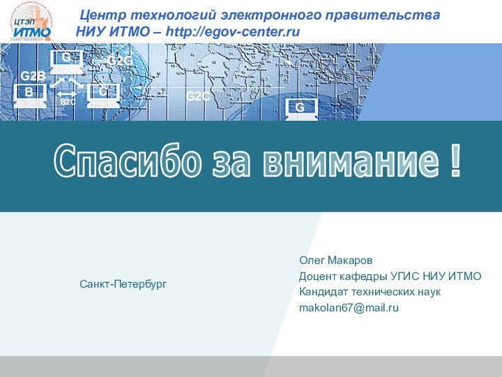 Спасибо за внимание !Олег МакаровДоцент кафедры УГИС НИУ ИТМОКандидат технических наукmakolan67@mail.ruСанкт-Петербург