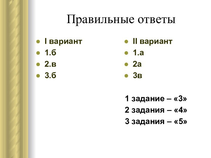 Правильные ответыI вариант1.б2.в3.бII вариант1.а2а3в1 задание – «3»2 задания – «4»3 задания – «5»