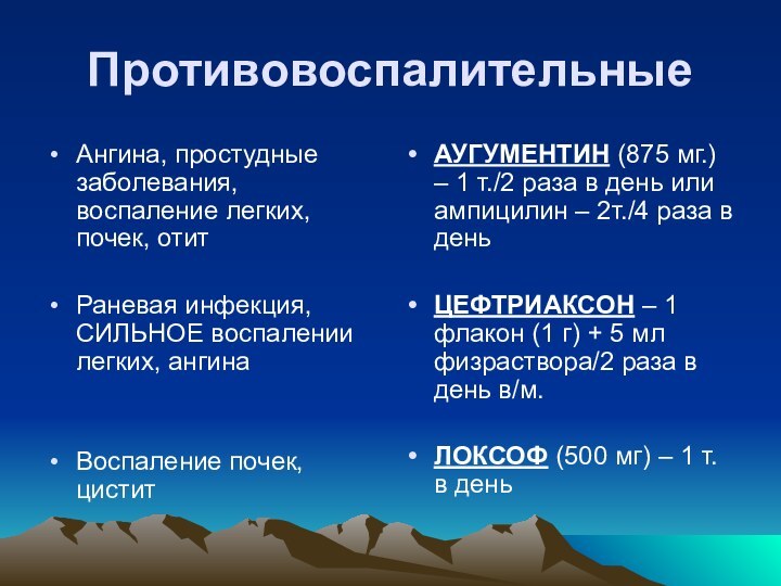 Противовоспалительные Ангина, простудные заболевания, воспаление легких, почек, отитРаневая инфекция, СИЛЬНОЕ воспалении легких,