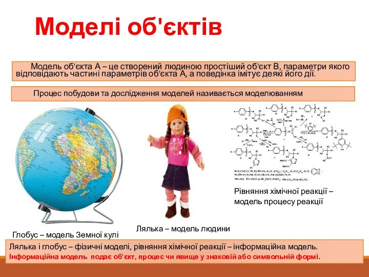 Моделі об'єктів 	Модель об'єкта А – це створений людиною простіший об'єкт В,