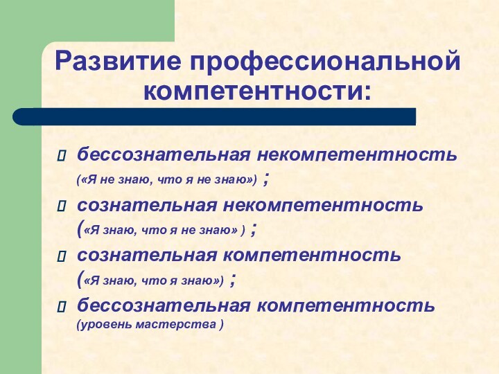 Развитие профессиональной компетентности: бессознательная некомпетентность («Я не знаю, что я не знаю»)