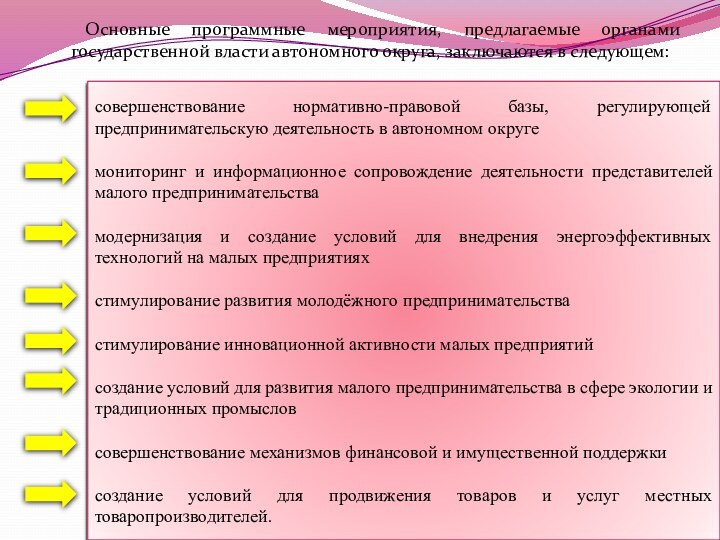 Основные программные мероприятия, предлагаемые органами государственной власти автономного округа, заключаются в следующем:совершенствование