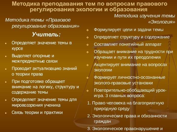 Методика преподавания тем по вопросам правового регулирования экологии и образованияМетодика темы «Правовое