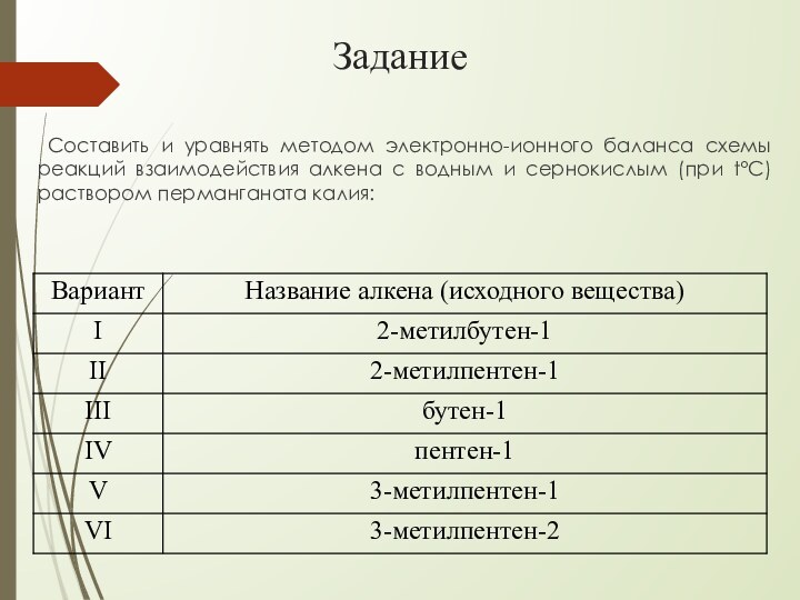 Задание	Составить и уравнять методом электронно-ионного баланса схемы реакций взаимодействия алкена с водным