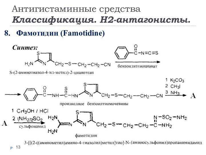 8.  Фамотидин (Famotidine)Синтез:Антигистаминные средстваКлассификация. Н2-антагонисты.