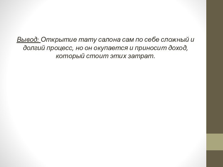 Вывод: Открытие тату салона сам по себе сложный и долгий процесс, но