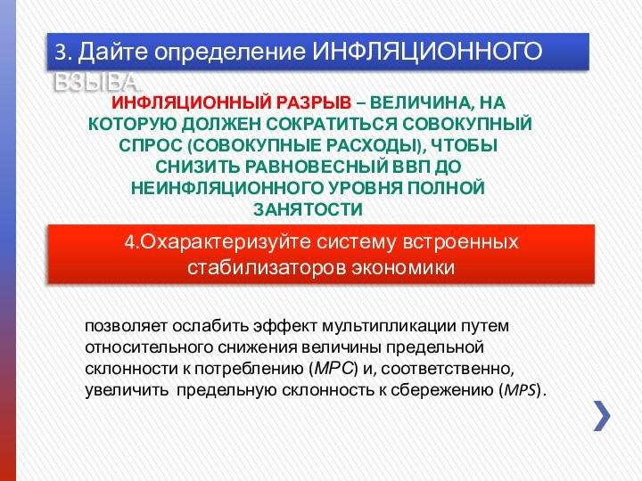 3. Дайте определение ИНФЛЯЦИОННОГО ВЗЫВА.Инфляционный разрыв – величина, на которую должен сократиться совокупный