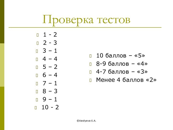 ©Vasilyeva E.A.Проверка тестов1 - 22 - 33 – 14 – 45 –