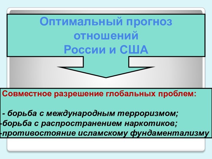 Оптимальный прогноз отношений  России и СШАСовместное разрешение глобальных проблем:- борьба с