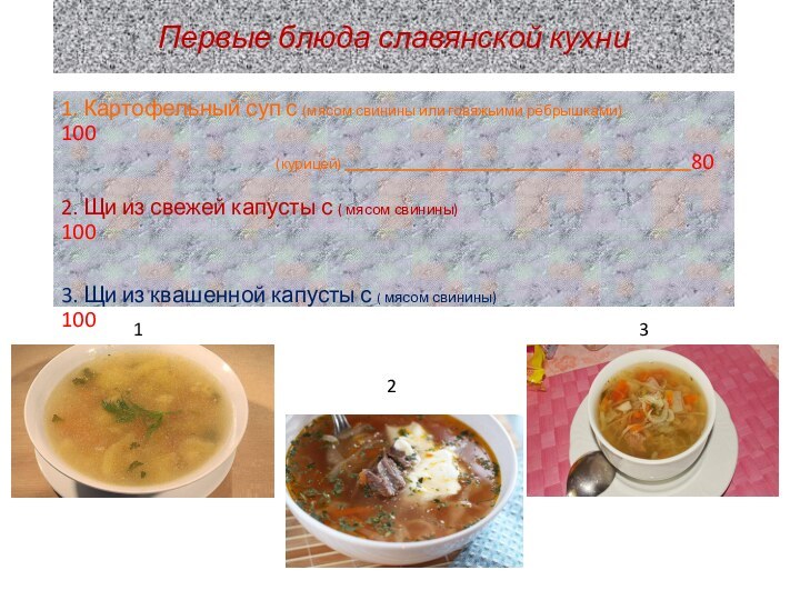 Первые блюда славянской кухни1. Картофельный суп с (мясом свинины или говяжьими рёбрышками)