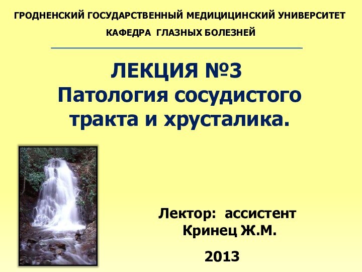 ГРОДНЕНСКИЙ ГОСУДАРСТВЕННЫЙ МЕДИЦИЦИНСКИЙ УНИВЕРСИТЕТКАФЕДРА ГЛАЗНЫХ БОЛЕЗНЕЙЛЕКЦИЯ №3Патология сосудистого тракта и хрусталика.Лектор: ассистент Кринец Ж.М.2013