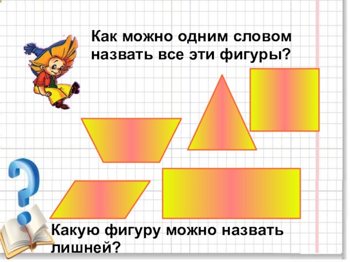 Как можно одним словом назвать все эти фигуры?Какую фигуру можно назвать лишней?