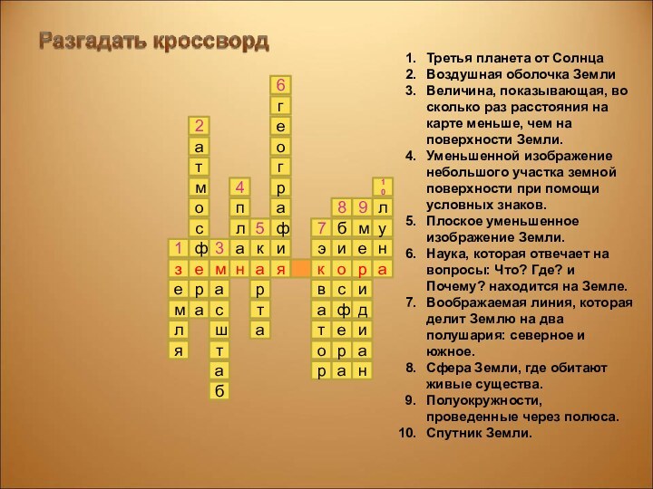 зменаякораемляосфатмрнатшсаабкплаиатреографгротавэрефсбианаидимелу43216987105Третья планета от СолнцаВоздушная оболочка ЗемлиВеличина, показывающая, во сколько раз расстояния на