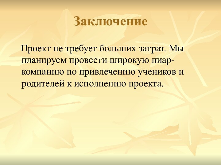 Заключение  Проект не требует больших затрат. Мы планируем провести широкую пиар-компанию