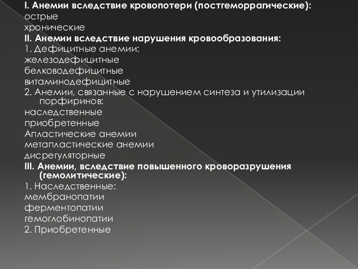 I. Анемии вследствие кровопотери (постгеморрагические):острыехроническиеII. Анемии вследствие нарушения кровообразования:1. Дефицитные анемии:железодефицитныебелководефицитныевитаминодефицитные2. Анемии,