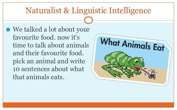 Naturalist & Linguistic IntelligenceWe talked a lot about your favourite food. now