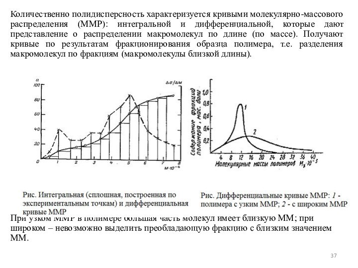 Количественно полидисперсность характеризуется кривыми молекулярно-массового распределения (ММР): интегральной и дифференциальной, которые дают