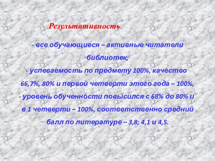 - все обучающиеся – активные читатели библиотек; успеваемость по предмету 100%, качество