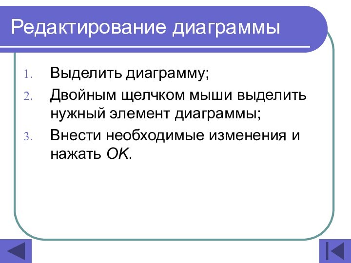 Редактирование диаграммыВыделить диаграмму;Двойным щелчком мыши выделить нужный элемент диаграммы;Внести необходимые изменения и нажать OK.