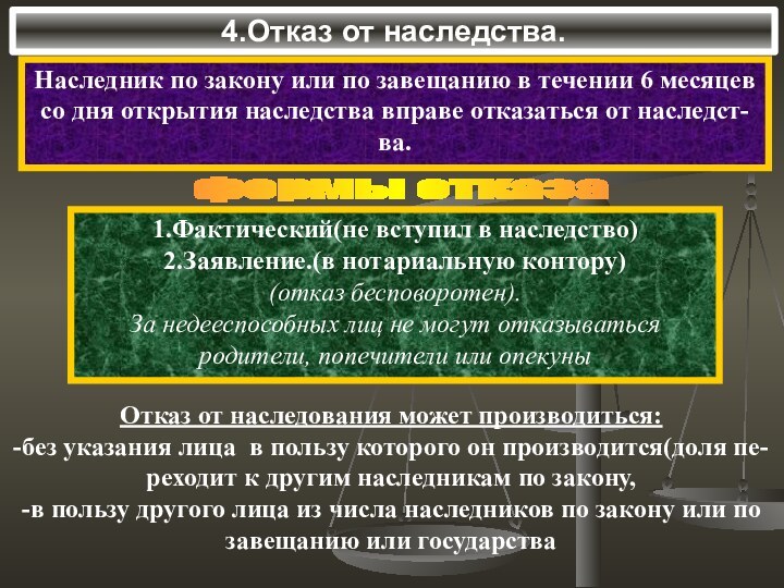 4.Отказ от наследства.Наследник по закону или по завещанию в течении 6 месяцев