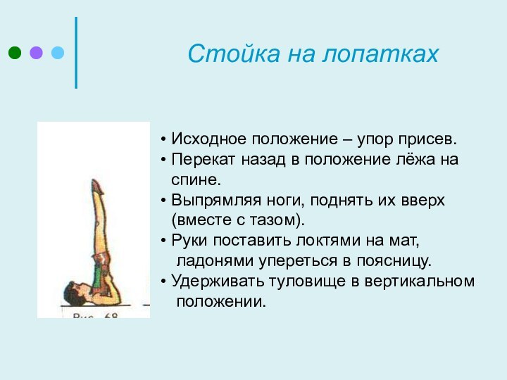 Стойка на лопатках Исходное положение – упор присев. Перекат назад в положение