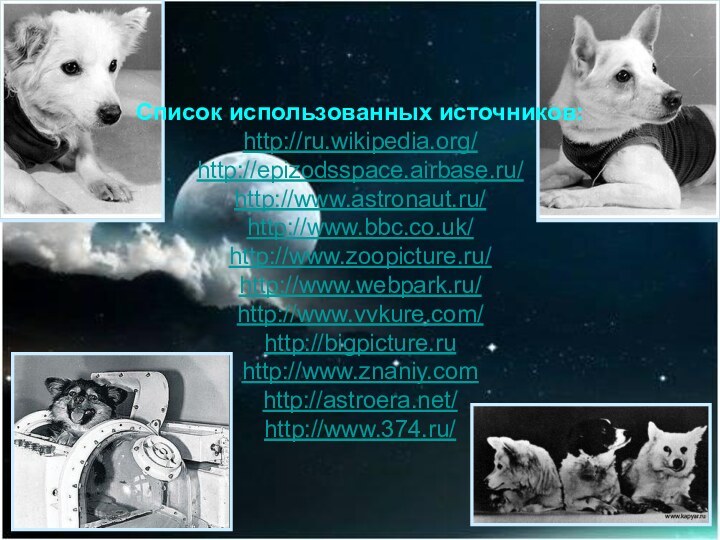 Список использованных источников: http://ru.wikipedia.org/ http://epizodsspace.airbase.ru/ http://www.astronaut.ru/ http://www.bbc.co.uk/ http://www.zoopicture.ru/ http://www.webpark.ru/ http://www.vvkure.com/ http://bigpicture.ru http://www.znaniy.com http://astroera.net/ http://www.374.ru/ 