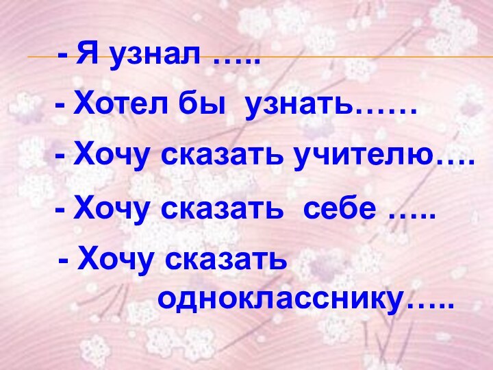 - Я узнал …..- Хотел бы узнать……- Хочу сказать учителю….- Хочу сказать