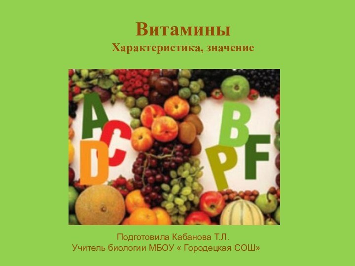 Витамины Характеристика, значениеПодготовила Кабанова Т.Л.Учитель биологии МБОУ « Городецкая СОШ»