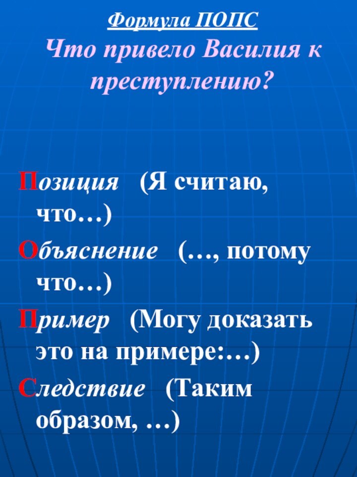 Формула ПОПС Что привело Василия к преступлению? Позиция  (Я считаю, что…)Объяснение