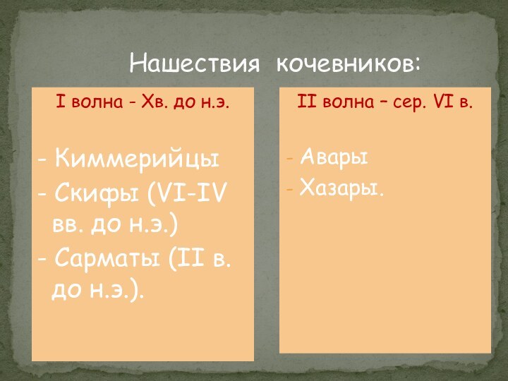 Нашествия кочевников:I волна - Xв. до н.э.- Киммерийцы- Скифы (VI-IV вв. до