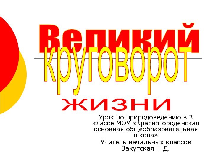 Урок по природоведению в 3 классе МОУ «Красногороденская основная общеобразовательная школа»Учитель начальных классов Закутская Н.Д.Великийкруговоротжизни