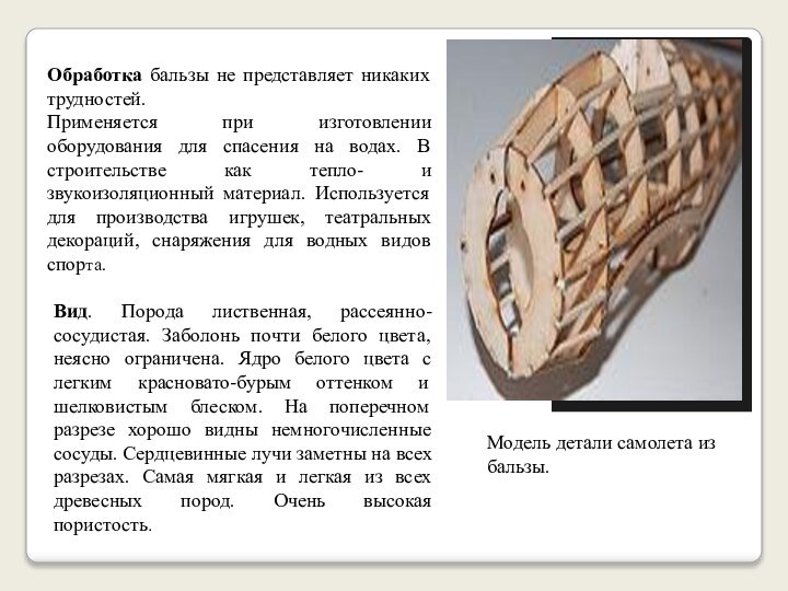 Обработка бальзы не представляет никаких трудностей. Применяется при изготовлении оборудования для спасения