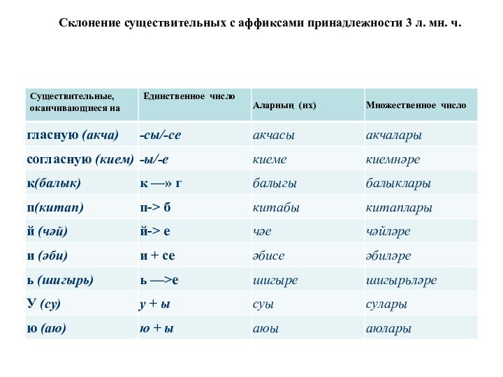 Склонение существительных с аффиксами принадлежности 3 л. мн. ч.