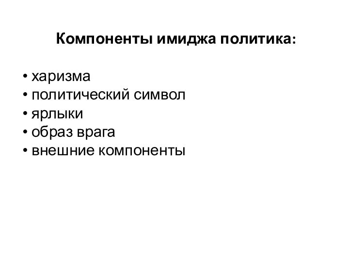 Компоненты имиджа политика: харизма политический символ ярлыки образ врага внешние компоненты