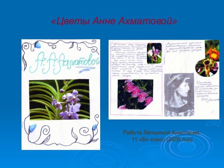 «Цветы Анне Ахматовой»Работа Лапшиной Анастасии,11 «Б» класс (2005 год)