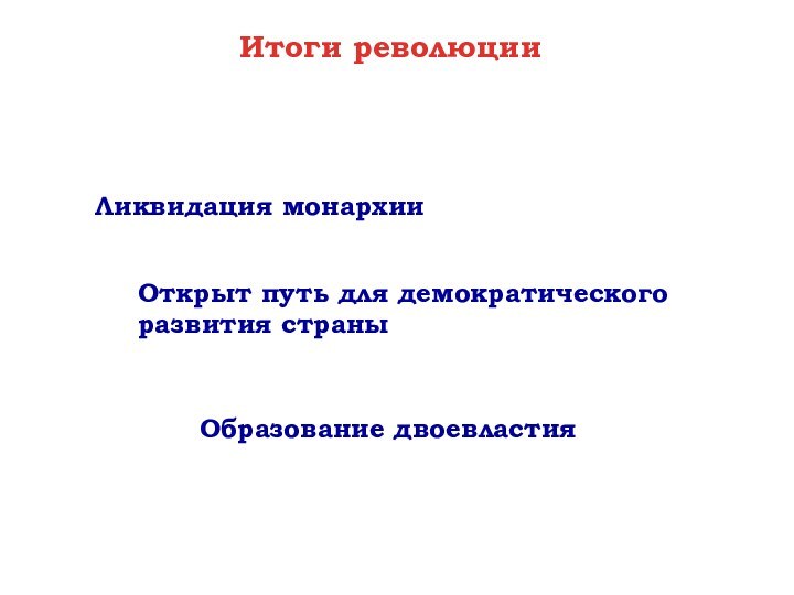 Открыт путь для демократического развития страныОбразование двоевластияЛиквидация монархииИтоги революции