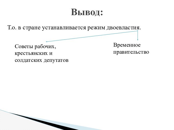 Т.о. в стране устанавливается режим двоевластия.Вывод:Советы рабочих, крестьянских и солдатских депутатовВременное правительство