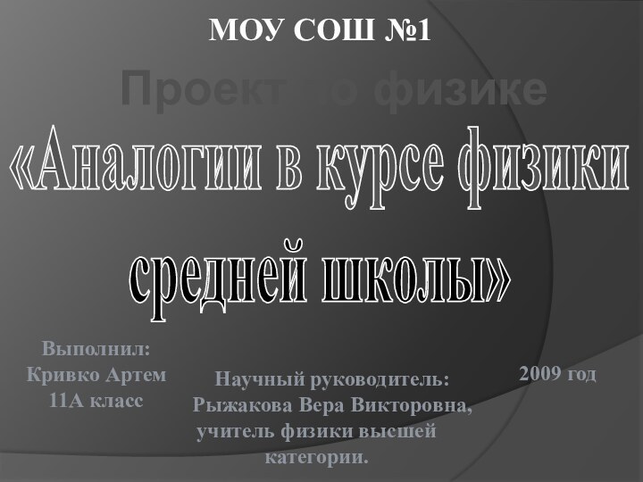 МОУ СОШ №1«Аналогии в курсе физикисредней школы»Выполнил: Кривко Артем 11А классНаучный