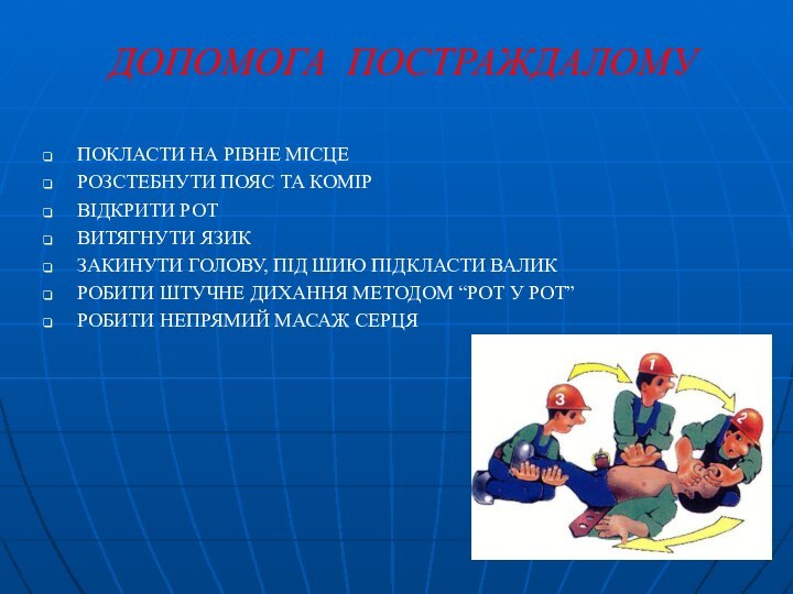 ДОПОМОГА ПОСТРАЖДАЛОМУПОКЛАСТИ НА РІВНЕ МІСЦЕРОЗСТЕБНУТИ ПОЯС ТА КОМІРВІДКРИТИ РОТВИТЯГНУТИ ЯЗИКЗАКИНУТИ ГОЛОВУ, ПІД