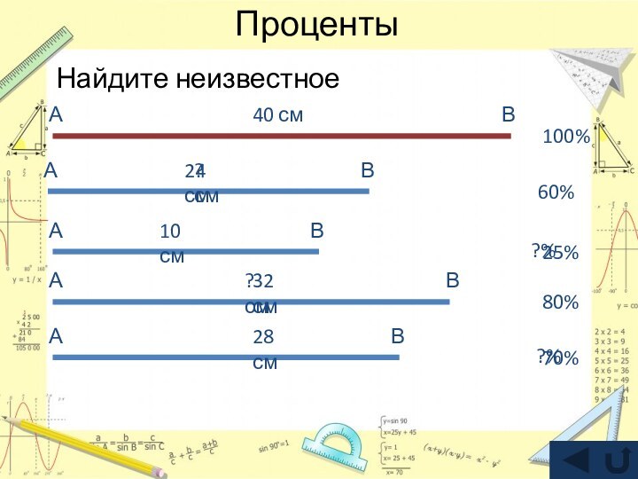 ПроцентыНайдите неизвестноеАВ24 см60%АВ10 см25%АВ32 см80%АВ28 см70%?см?%?см?%