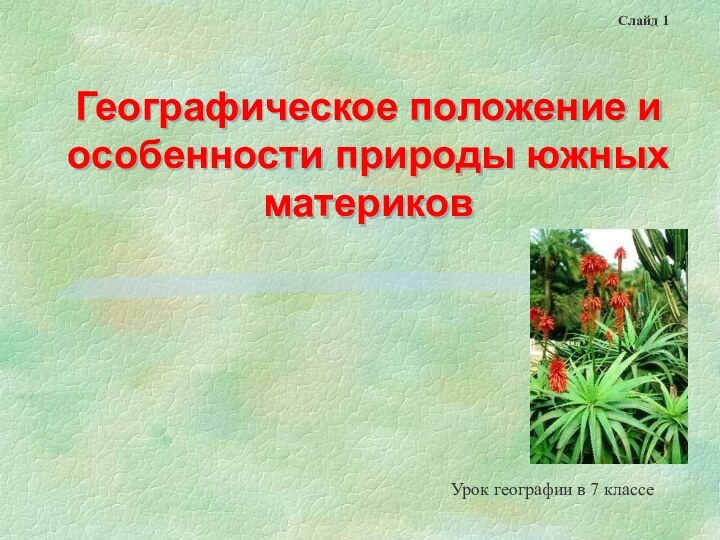 Географическое положение и особенности природы южных материковУрок географии в 7 классеСлайд 1