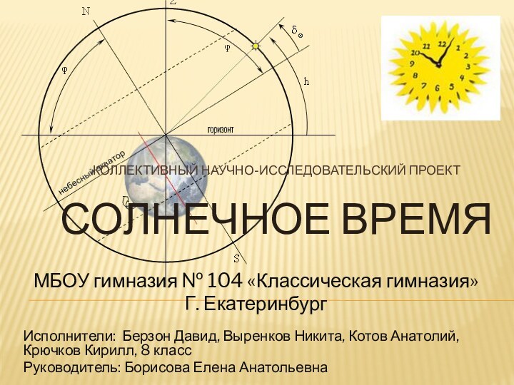 Коллективный научно-исследовательский проект  Солнечное времяМБОУ гимназия № 104 «Классическая гимназия»Г. ЕкатеринбургИсполнители: