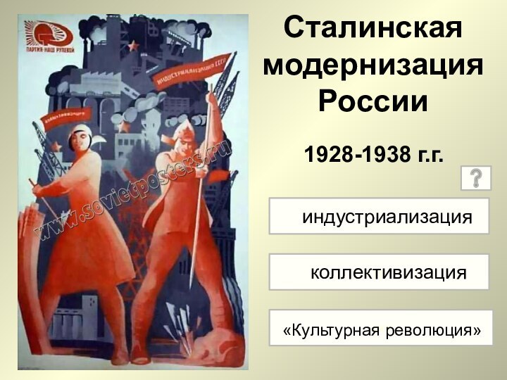 Сталинская модернизация России1928-1938 г.г.ко«куиндустриализацияколлективизация«Культурная революция»