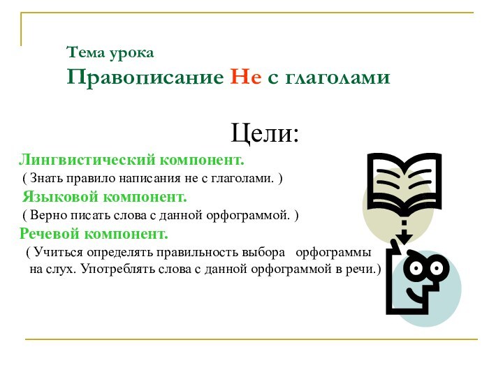 Цели:Лингвистический компонент. ( Знать правило написания не с глаголами. )	 Языковой компонент.