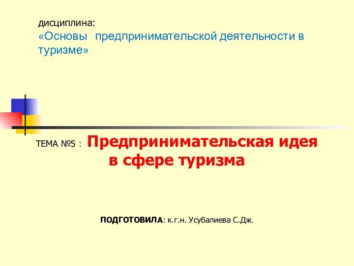 дисциплина:  «Основы  предпринимательской деятельности в туризме»ТЕМА №5 : Предпринимательская идея