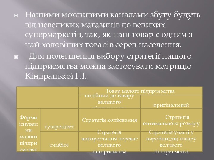 Нашими можливими каналами збуту будуть від невеликих магазинів до великих супермаркетів, так,