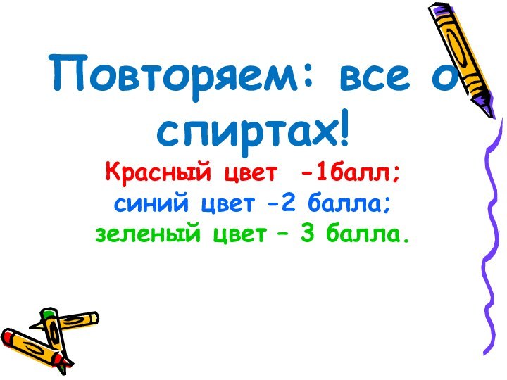 Повторяем: все о спиртах! Красный цвет -1балл; синий цвет -2 балла; зеленый