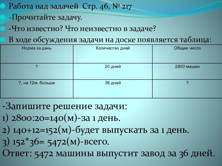 Работа над задачей Стр. 46, № 217-Прочитайте задачу.-Что известно? Что неизвестно в